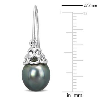 8-8.5MM Black Tahitian Cultured Pearl Shepherd Hook Earrings in Sterling Silver