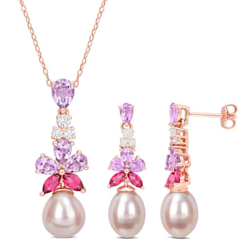 8.5-10MM Freshwater Cultured Pearl & Multigem Earrings &
Necklace Set in Rose Plated Sterling Silver