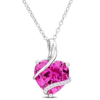 7 1/4 CT TGW Created Pink Sapphire and Diamond Accent Pendant with Chain
in Sterling Silver