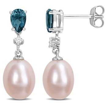 8-8.5MM Pink FW Cultured Pearl and 1 CT TGW London Blue Topaz, Diamond
Earrings in 10K White Gold