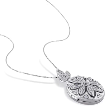 1/10 CT TW Diamond Floral Locket Pendant with Chain in Sterling Silver