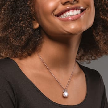 12-12.5MM Freshwater Cultured Pearl & Created White Sapphire Accent
Pendant in Sterling Silver