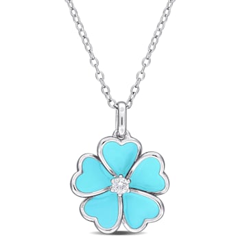 1/10 CT TGW White Topaz with Light Blue Enamel Flower Pendant with Chain
in Sterling Silver
