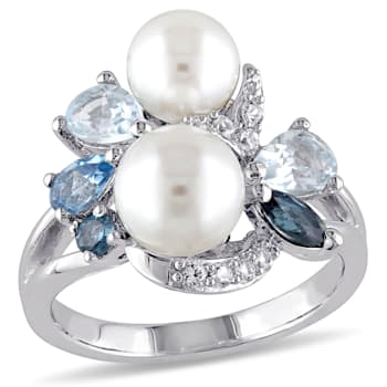 6.5-8MM Freshwater Cultured Pearl and Multi Gem Cluster Ring in Sterling Silver