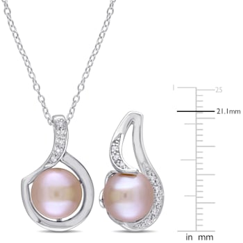 9-9.5MM Pink Freshwater Cultured Pearl & Diamond Earrings &
Pendant Set in Sterling Silver