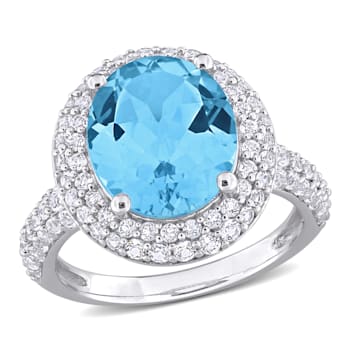 7 CT TGW Sky Blue Topaz and White Topaz Double Halo Ring in Sterling Silver