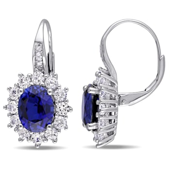 8.00ctw Created Blue and White Sapphire with Diamond Accent Floral Halo
Earrings in Sterling Silver