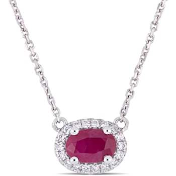 3/5 CT TGW Ruby and 1/10 CT TW Diamond Halo Necklace in 14K White Gold
