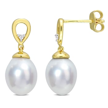 8-9MM South Sea Cultured Pearl and White Topaz Earrings in 14K Yellow
Gold Over Sterling Silver