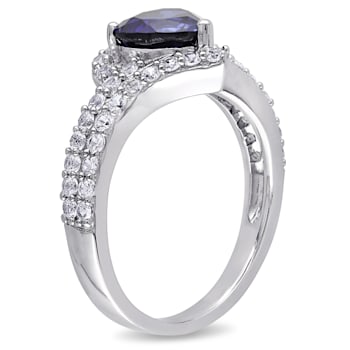 2 3/4 CT TGW Created Blue and Created White Sapphire Heart Halo Double
Row Ring in Sterling Silver