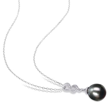 9.5-10MM Black Tahitian Cultured Pearl and Diamond Twist Pendant with
Chain in Sterling Silver