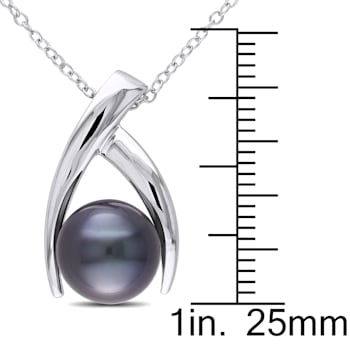 9.5-10MM Black Tahitian Cultured Pearl Crisscross Pendant with Chain in
Sterling Silver