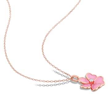 1/10 CT TGW White Topaz with Pink Enamel Flower Pendant with Chain in
Rose Plated Sterling Silver