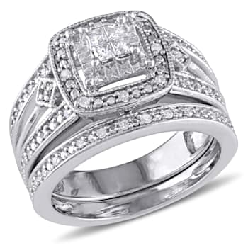 1/4 CT TW Princess Cut Diamond Quad Filigree Bridal Set in Sterling Silver