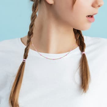 Pink Enamel Bead Link Necklace in 14K Yellow Gold Over Sterling Silver