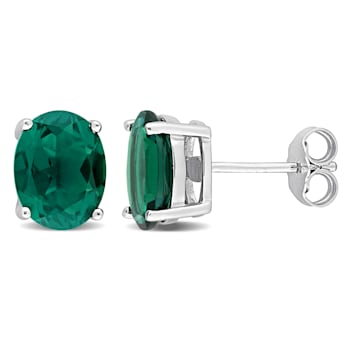 3 1/5 CT TGW Oval Created Emerald Stud Earrings in Sterling Silver