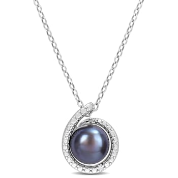 8-8.5MM Black Freshwater Cultured Pearl and Diamond Accent Pendant with
Chain in Sterling Silver