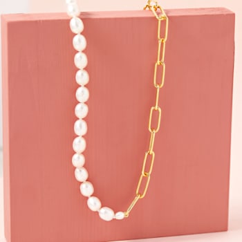 4.5-7.5 MM Freshwater Cultured Pearl Link Chain Necklace in 18K Yellow
Gold Over Sterling Silver