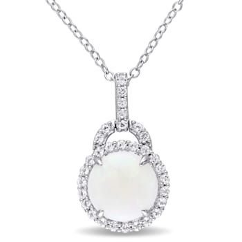 2 1/6 CT TGW Opal and White Topaz Halo Pendant With Chain in Sterling Silver