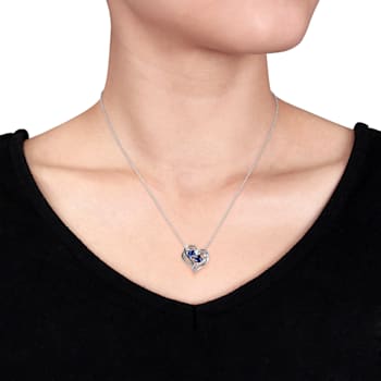 1 1/8 CT TGW Created Blue Sapphire and Diamond Accent Heart Pendant with
Chain in Sterling Silver