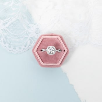 1-1/2 CT DEW Created Moissanite Halo Crossover Engagement Ring in 10K
White Gold