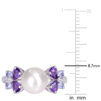 8-8.5MM Freshwater Cultured Pearl, Diamond, Tanzanite, and Amethyst Ring
in Sterling Silver