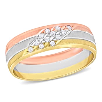 Men's 6mm Cubic Zirconia Matte Three Row Wedding Band in 14K 3-Tone Gold