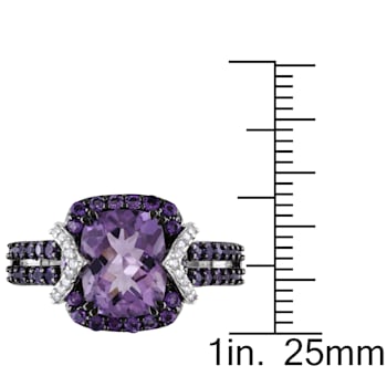 3 1/3 CT TGW Amethyst and  1/10 CT TW Diamond Halo Ring in Sterling
Silver with Black Rhodium