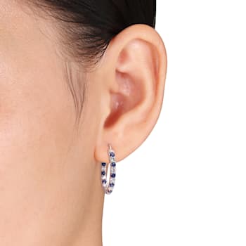 3 5/8 CT TGW Created Blue and White Sapphire Hoop Earrings in Sterling Silver