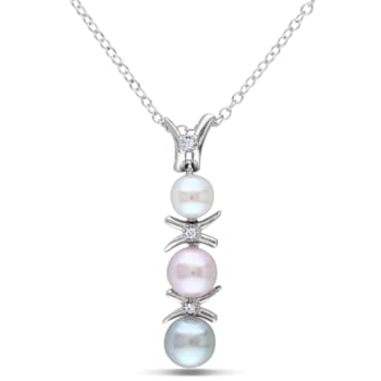 4.5-6MM Multicolor Pearl and Diamond Drop Pendant with Chain in Sterling Silver
