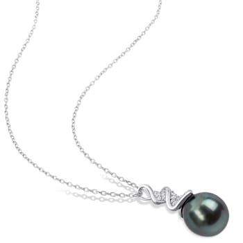 9-9.5MM Black Tahitian Cultured Pearl and  1/10 CT TW Diamond Pendant
with Chain in Sterling Silver