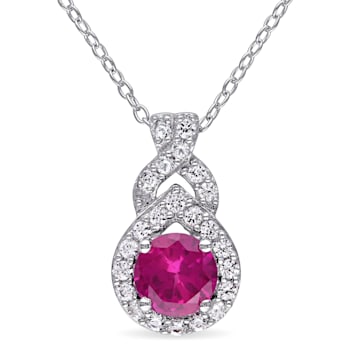 1 4/5 CT TGW  Created White Sapphire and Created Ruby Halo Pendant with
Chain in Sterling Silver