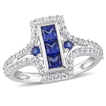 1 1/8 CT TGW Created Blue and White Sapphire Ring in Sterling Silver
