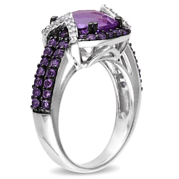 3 1/3 CT TGW Amethyst and  1/10 CT TW Diamond Halo Ring in Sterling
Silver with Black Rhodium