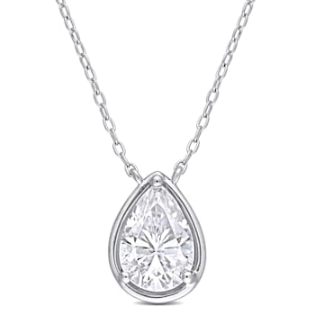 2 CT DEW Created Moissanite Halo Teardrop Pendant with Chain in Sterling Silver