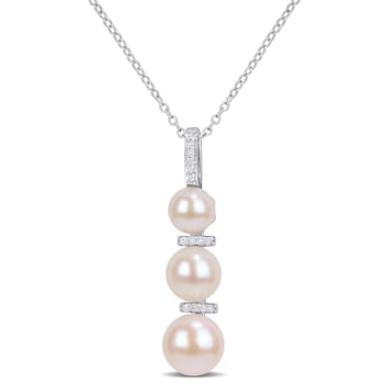 6-8.5MM Freshwater Cultured Pearl and Diamond Drop Pendant with Chain in
Sterling Silver