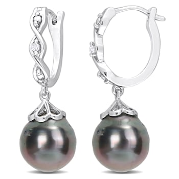 8-9MM Black Tahitian Cultured Pearl and Diamond Accent Infinity Huggie
Earrings in Sterling Silver