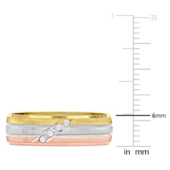 Men's  6mm Cubic Zirconia Matte Three Row Wedding Band in 10K 3-Tone Gold