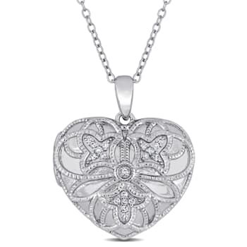 Diamond Accent Embossed Vintage Filigree Heart Locket Pendant with Chain
in Sterling Silver