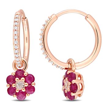 1 1/10 CT TGW White Sapphire Ruby and 1/8 CT TW Diamond Floral Hoops in
10K Rose Gold
