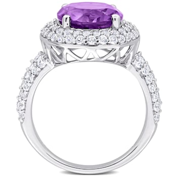 5 1/3 CT TGW Amethyst and White Topaz Double Halo Ring in Sterling Silver