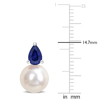 8.5-9MM Cultured Pearl and 1 1/3 CT TGW Created Blue Sapphire Stud
Earrings in Sterling Silver