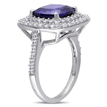 7 1/10 CT TGW Created Blue and White Sapphire Double Halo Ring in
Sterling Silver