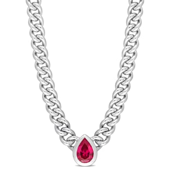 1 1/7 CT TGW Pear Created Ruby Curb Link Chain Necklace in Sterling Silver