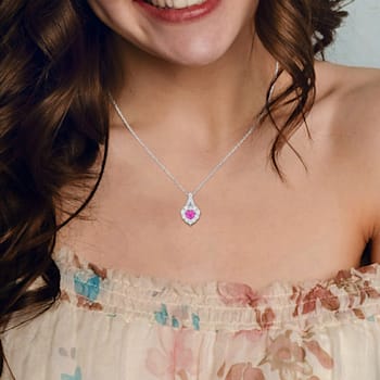 2 7/8 CT TGW Created Pink and White Sapphire Halo Heart Pendant With
Chain in Sterling Silver