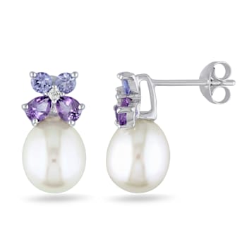 8-8.5MM White Cultured Pearl, Diamond, Tanzanite and Amethyst Stud
Earrings in Sterling Silver