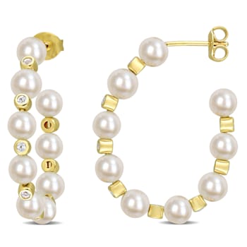 4.5-5MM Cultured Pearl and White Topaz Hoop Earrings in 14K Yellow Gold
Over Sterling Silver