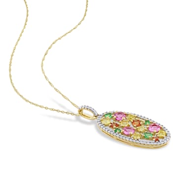 2 1/10 CT TGW Multi-Color Gemstone and 3/8 CT TW Diamond Pendant with
Chain in 14K Yellow Gold