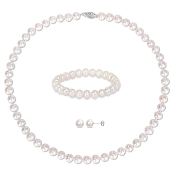 7.5-8MM Freshwater Cultured Pearl Necklace, Earrings & Bracelet Set
in Sterling Silver