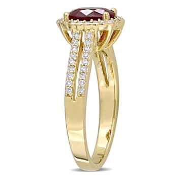 1 3/8 CT TGW Ruby and 1/3 CT TW Diamond Floral Halo Double Row Ring in
14K Yellow Gold